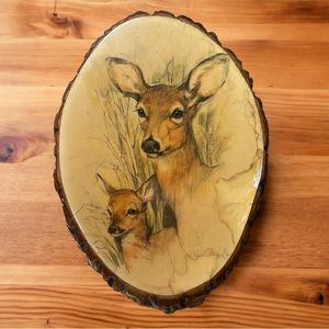 Vintage 80s Paul Whitney Hunting Cabin Wood Slice Picture Hanging Plaque 15 x 10